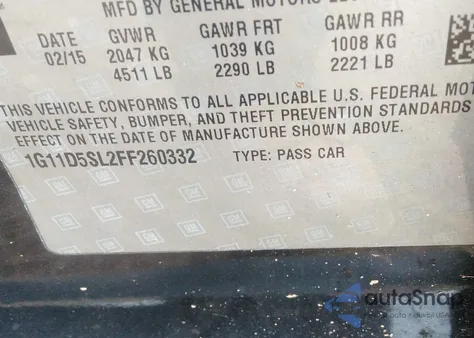 2015 Chevrolet Malibu 2Lt from USA, damaged, VIN 1G11D5SL2FF260332